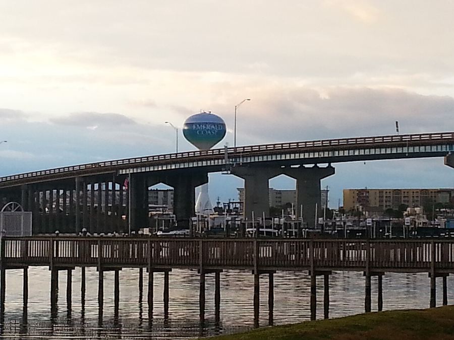 The Fort Walton Beach waterfront and bridge at sunrise